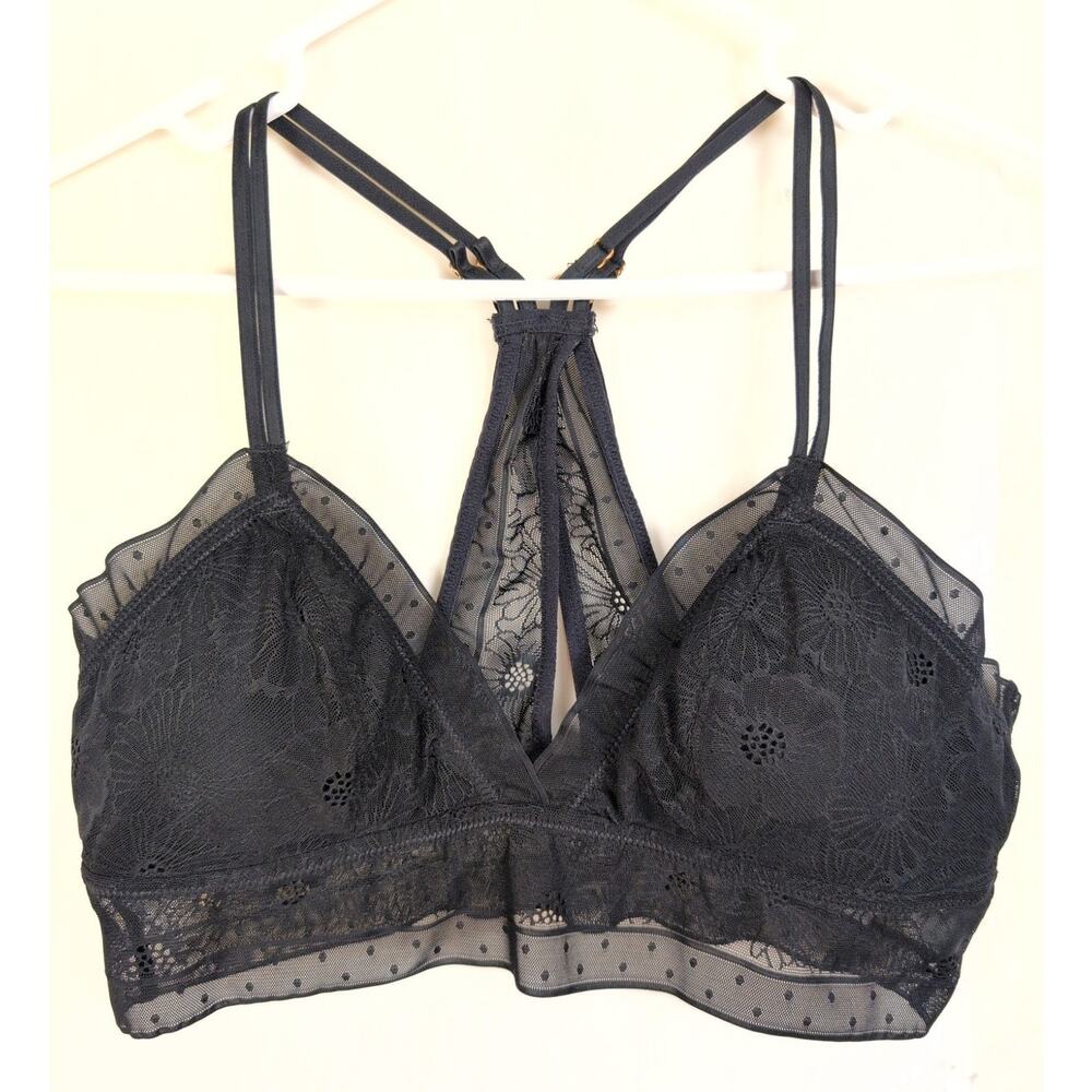 Aerie black sheer floral lace padded racerback bralette size Large Coquette